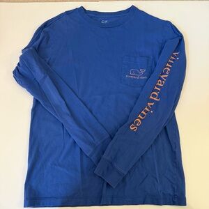 Vineyard Vines Men's Blue Long Sleeve Shirt with Orange Logo